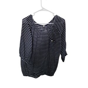 J.Crew Womens XS Navy White Striped Gauze Blouse Elastic Hem Scoop Neck Top